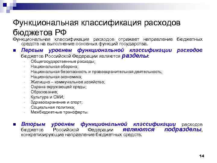 Функциональная классификация расходов бюджетов РФ Функциональная классификация расходов отражает направление бюджетных средств на выполнение