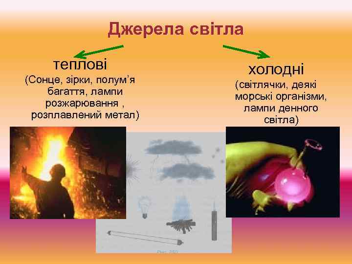 Джерела світла теплові (Сонце, зірки, полум’я багаття, лампи розжарювання , розплавлений метал) холодні (світлячки,