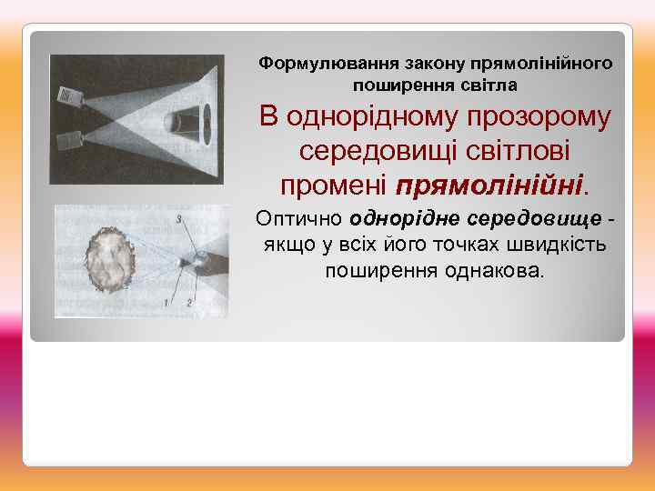 Формулювання закону прямолінійного поширення світла В однорідному прозорому середовищі світлові промені прямолінійні. Оптично однорідне
