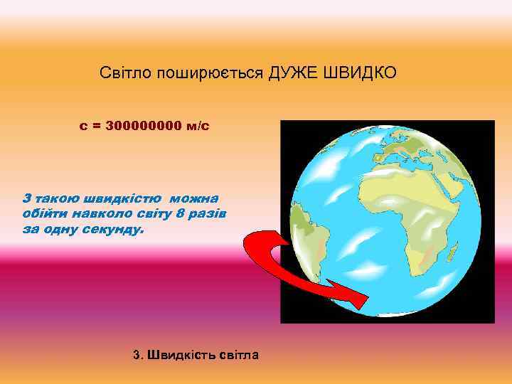 Свiтло поширюється ДУЖЕ ШВИДКО с = 30000 м/с З такою швидкістю можна обійти навколо