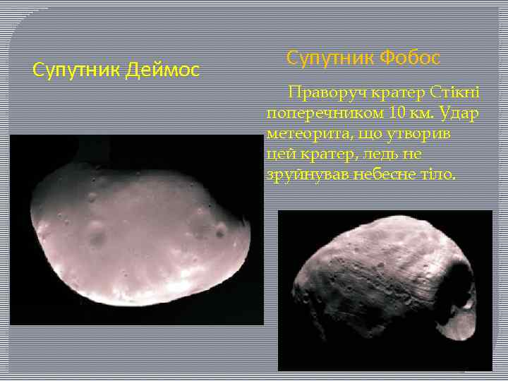Супутник Деймос Супутник Фобос Праворуч кратер Стікні поперечником 10 км. Удар метеорита, що утворив