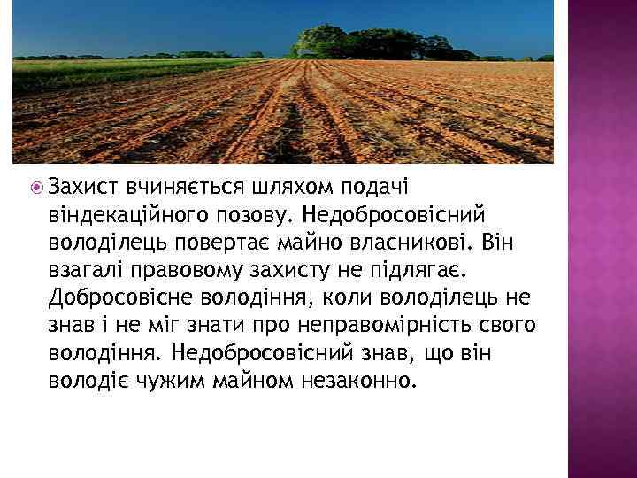  Захист вчиняється шляхом подачі віндекаційного позову. Недобросовісний володілець повертає майно власникові. Він взагалі