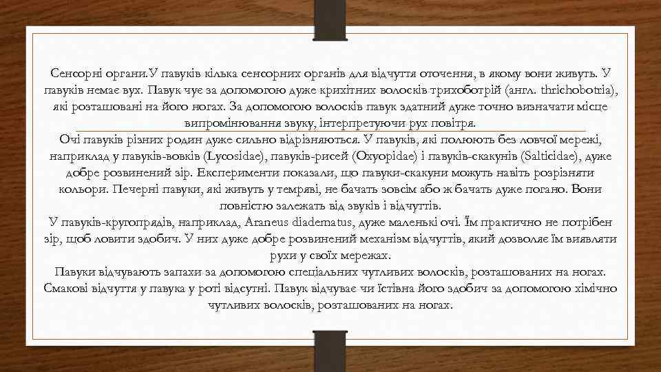 Сенсорні органи. У павуків кілька сенсорних органів для відчуття оточення, в якому вони живуть.
