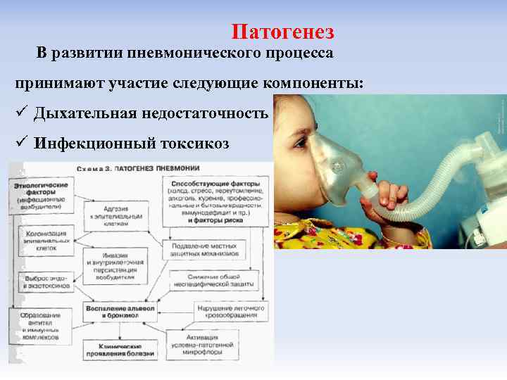 Патогенез В развитии пневмонического процесса принимают участие следующие компоненты: ü Дыхательная недостаточность ü Инфекционный