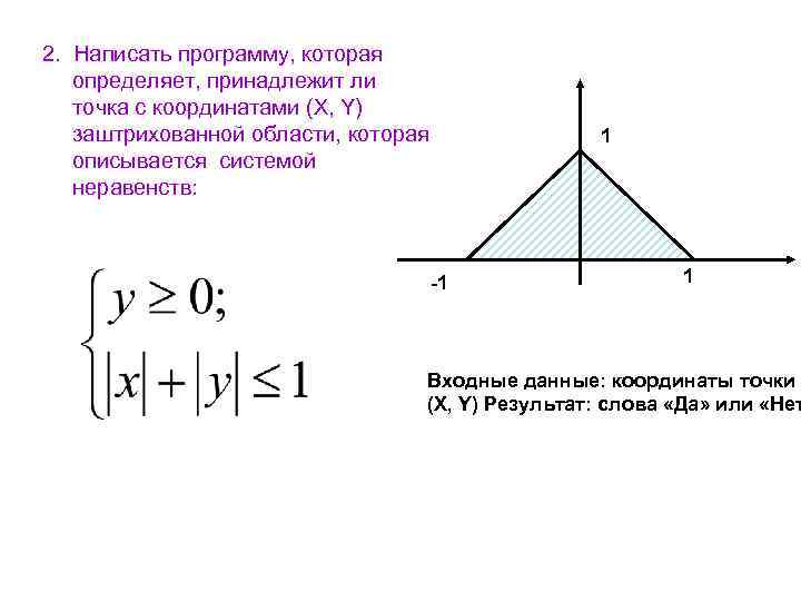 Напишите программу которая определяет попала ли точка с заданными координатами в заштрихованную java