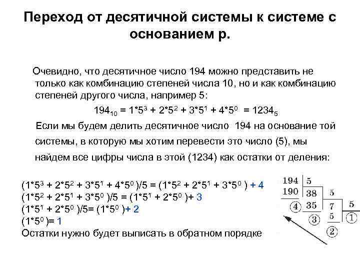 Переход от десятичной системы к системе с основанием р. Очевидно, что десятичное число 194