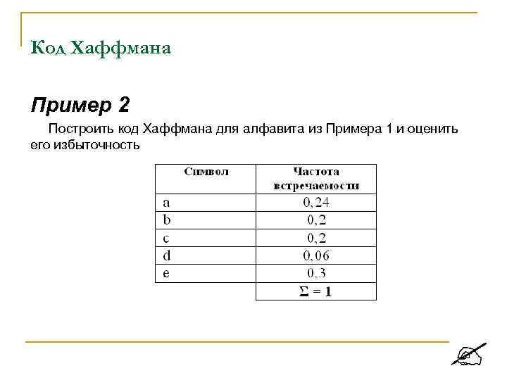 Код Хаффмана Пример 2 Построить код Хаффмана для алфавита из Примера 1 и оценить
