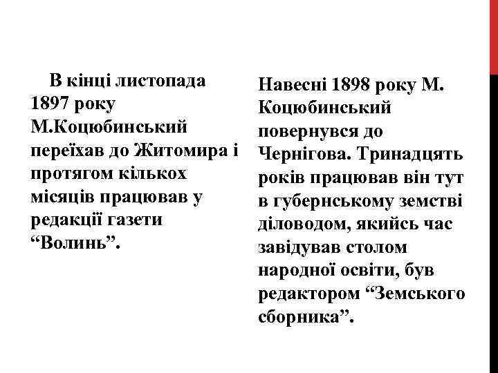 В кінці листопада 1897 року М. Коцюбинський переїхав до Житомира і протягом кількох місяців