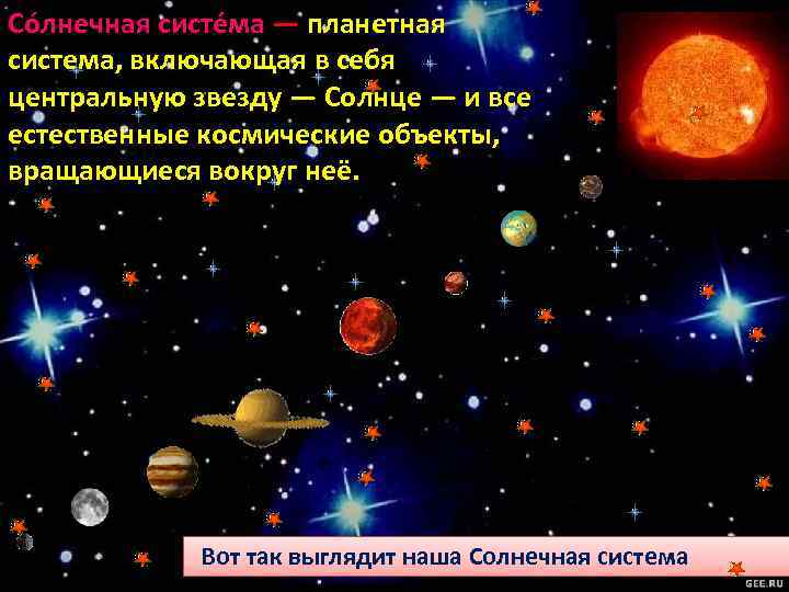 Со лнечная систе ма — планетная система, включающая в себя центральную звезду — Солнце