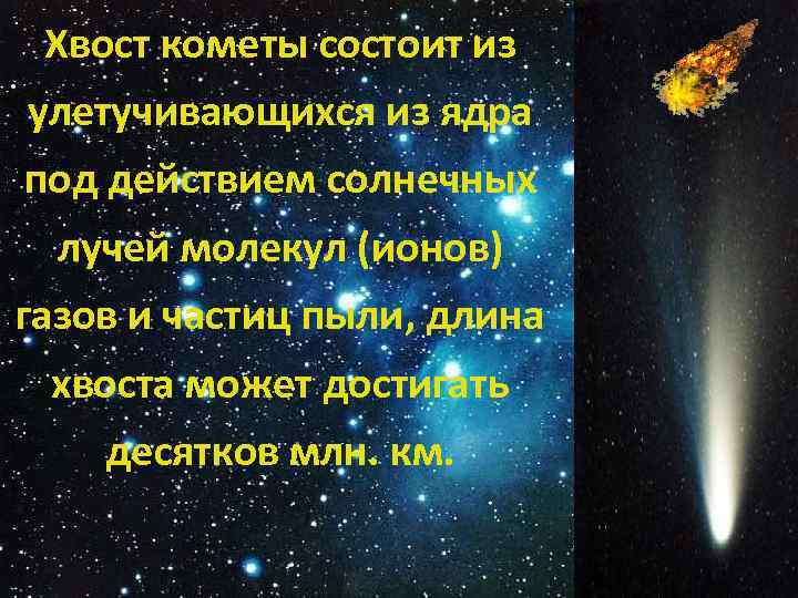 Хвост кометы состоит из улетучивающихся из ядра под действием солнечных лучей молекул (ионов) газов