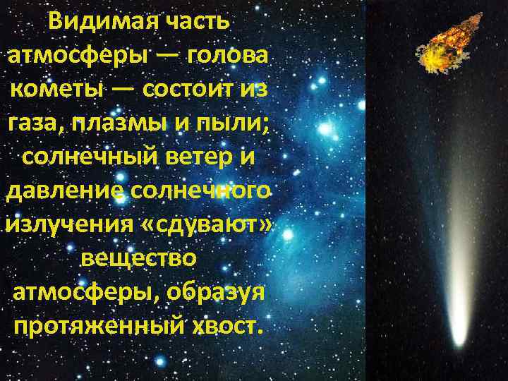 Видимая часть атмосферы — голова кометы — состоит из газа, плазмы и пыли; Видимая