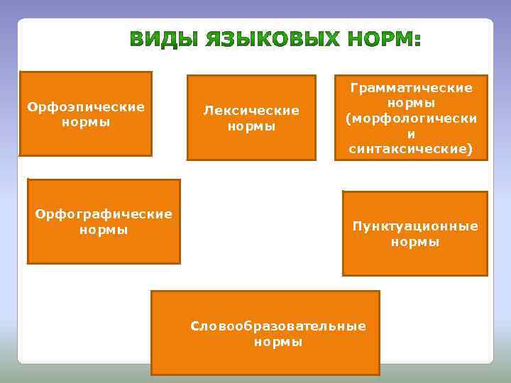 Орфоэпические нормы Орфографические нормы Лексические нормы Грамматические нормы (морфологически и синтаксические) Пунктуационные нормы Словообразовательные