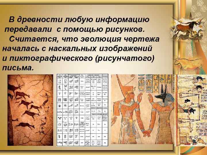 В древности любую информацию передавали с помощью рисунков. Считается, что эволюция чертежа началась с