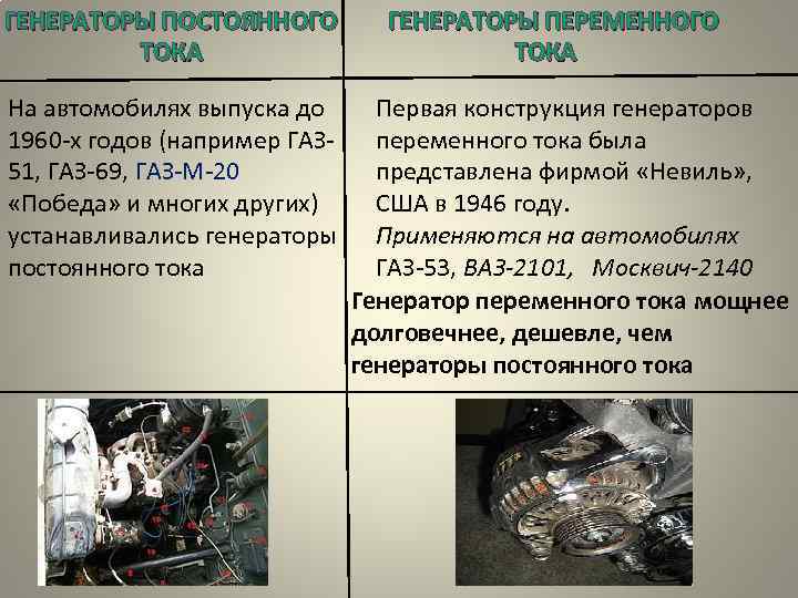 ГЕНЕРАТОРЫ ПОСТОЯННОГО ТОКА На автомобилях выпуска до 1960 -х годов (например ГАЗ 51, ГАЗ-69,