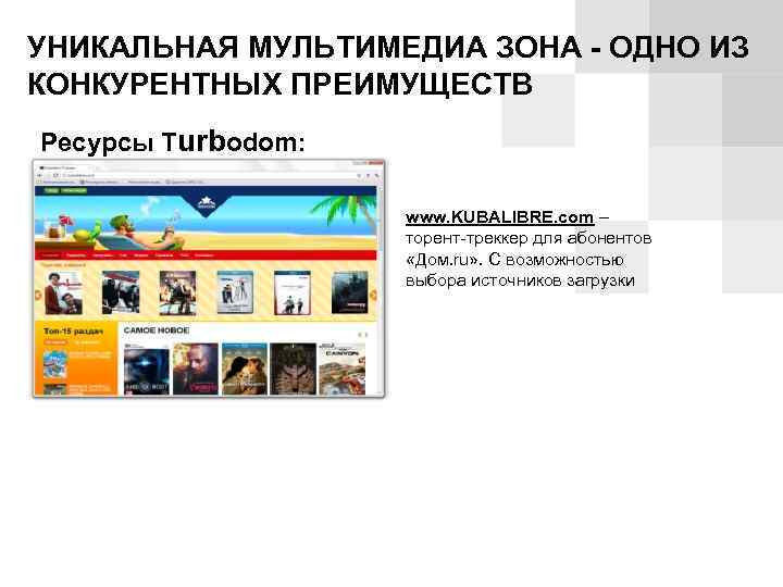 УНИКАЛЬНАЯ МУЛЬТИМЕДИА ЗОНА - ОДНО ИЗ КОНКУРЕНТНЫХ ПРЕИМУЩЕСТВ Ресурсы Turbodom: www. KUBALIBRE. com –