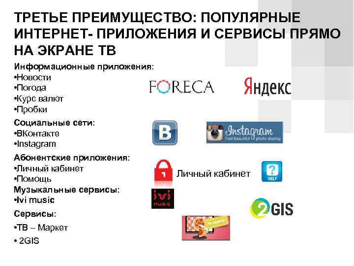 ТРЕТЬЕ ПРЕИМУЩЕСТВО: ПОПУЛЯРНЫЕ ИНТЕРНЕТ- ПРИЛОЖЕНИЯ И СЕРВИСЫ ПРЯМО НА ЭКРАНЕ ТВ Информационные приложения: •