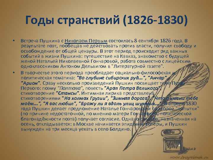 Первая встреча пушкина с николаем 1 произошла. Годы странствий Пушкина 1826-1830. Период творчества Пушкина 1826-1830. Второй Петербургский период Пушкина 1826-1830. Творческие этапы Пушкина годы странствий (1826-1830).