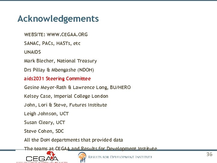 Acknowledgements WEBSITE: WWW. CEGAA. ORG SANAC, PACs, HASTs, etc UNAIDS Mark Blecher, National Treasury