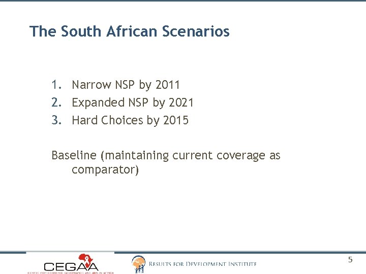 The South African Scenarios 1. Narrow NSP by 2011 2. Expanded NSP by 2021