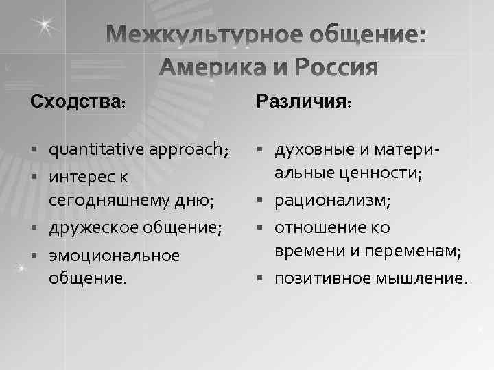 Сходства: Различия: quantitative approach; § интерес к сегодняшнему дню; § дружеское общение; § эмоциональное