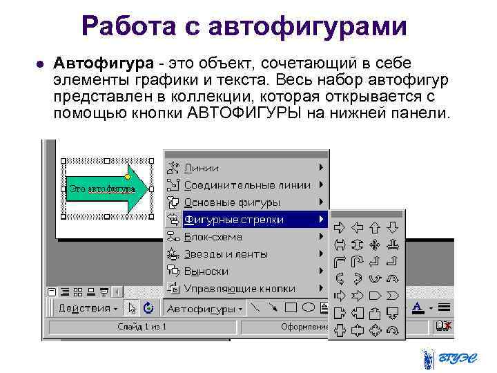 Работа с автофигурами Автофигура - это объект, сочетающий в себе элементы графики и текста.