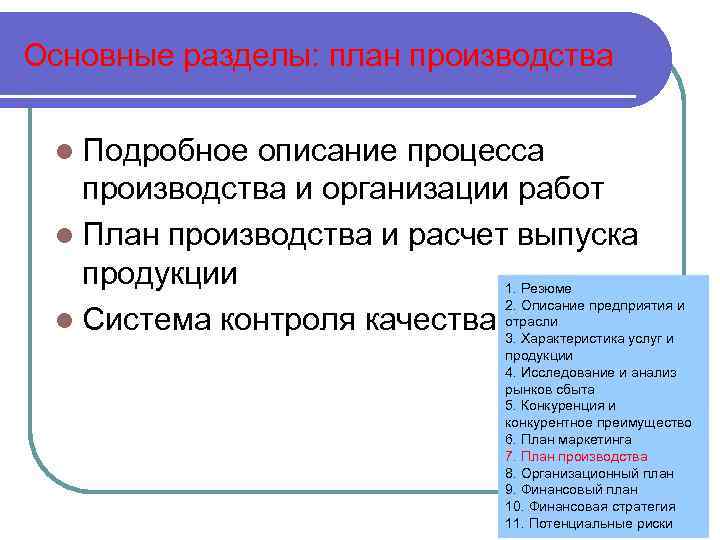 Основные разделы: план производства l Подробное описание процесса производства и организации работ l План