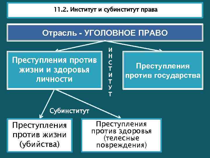 11. 2. Институт и субинститут права Отрасль - УГОЛОВНОЕ ПРАВО Преступления против жизни и