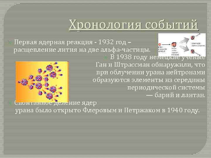 Хронология событий Первая ядерная реакция - 1932 год – расщепление лития на две альфа-частицы.
