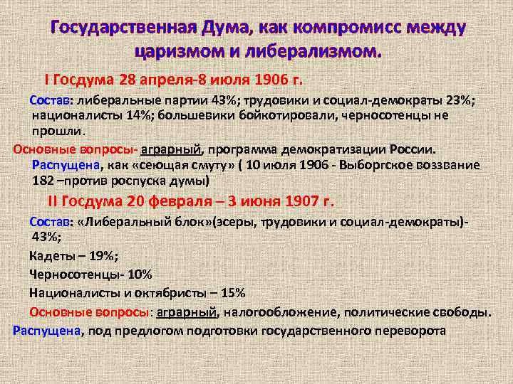 Государственная Дума, как компромисс между царизмом и либерализмом. I Госдума 28 апреля-8 июля 1906