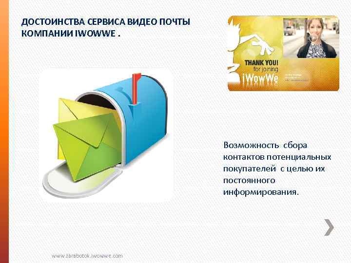 ДОСТОИНСТВА СЕРВИСА ВИДЕО ПОЧТЫ КОМПАНИИ IWOWWE. Возможность сбора контактов потенциальных покупателей с целью их