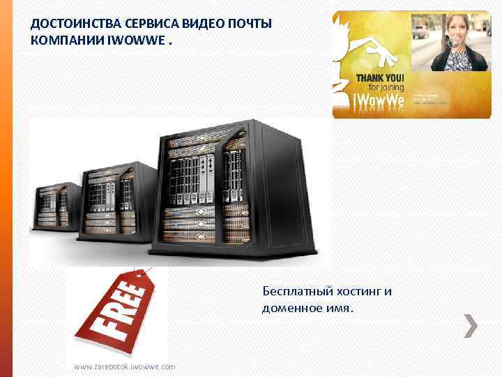 ДОСТОИНСТВА СЕРВИСА ВИДЕО ПОЧТЫ КОМПАНИИ IWOWWE. Бесплатный хостинг и доменное имя. www. zarabotok. iwowwe.