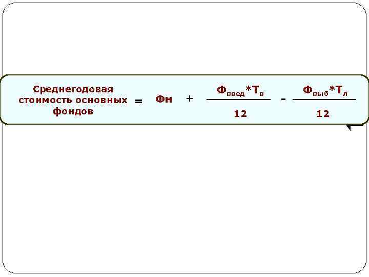 Среднегодовая стоимость основных = фондов Фн + Фввед*Тв 12 - Фвыб*Тл 12 