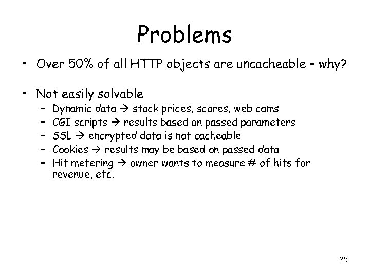 Problems • Over 50% of all HTTP objects are uncacheable – why? • Not