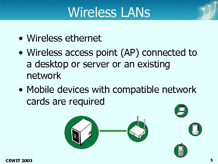 Center of Excellence Wireless and Information Technology Wireless LANs • Wireless ethernet • Wireless