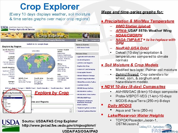 Crop Explorer (Every 10 days displays weather, soil moisture & time series graphs over