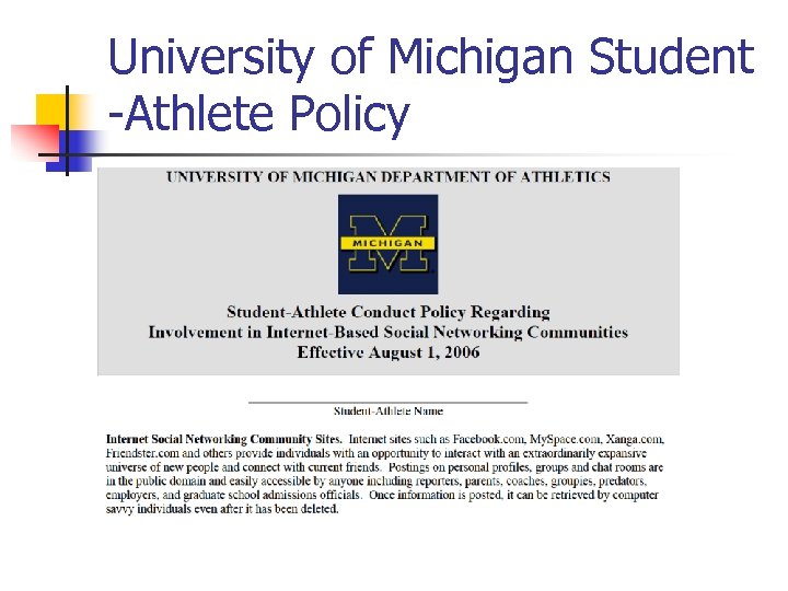 University of Michigan Student -Athlete Policy 