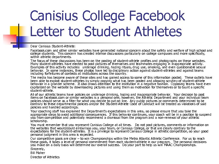 Canisius College Facebook Letter to Student Athletes Dear Canisius Student-Athlete: Facebook. com and other