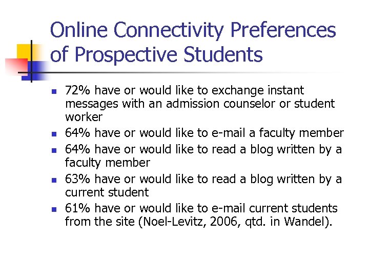 Online Connectivity Preferences of Prospective Students n n n 72% have or would like