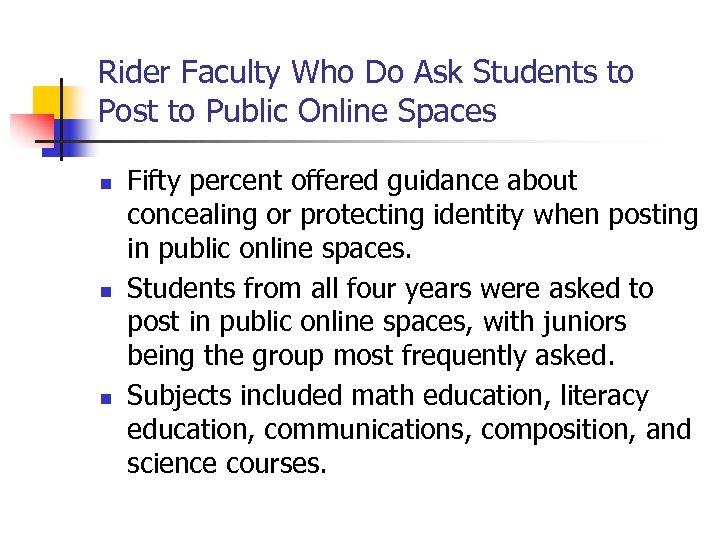 Rider Faculty Who Do Ask Students to Post to Public Online Spaces n n