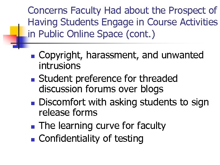 Concerns Faculty Had about the Prospect of Having Students Engage in Course Activities in