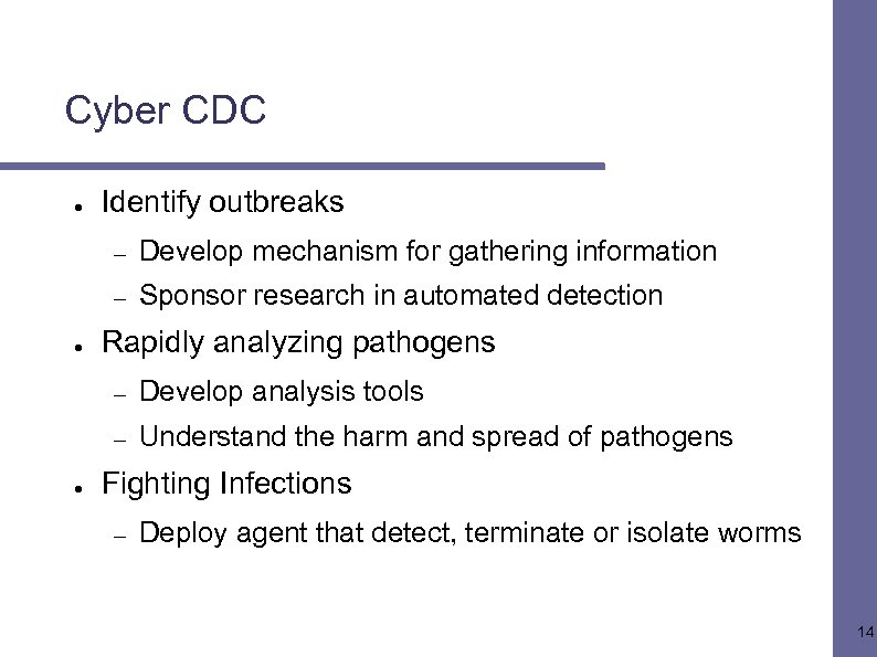Cyber CDC ● Identify outbreaks – – ● Develop mechanism for gathering information Sponsor