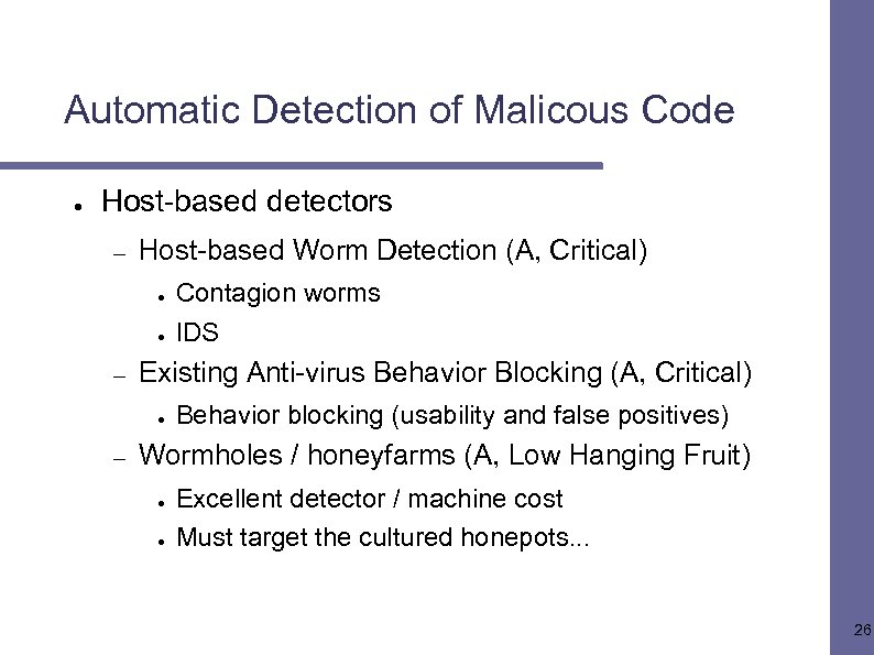 Automatic Detection of Malicous Code ● Host-based detectors – Host-based Worm Detection (A, Critical)