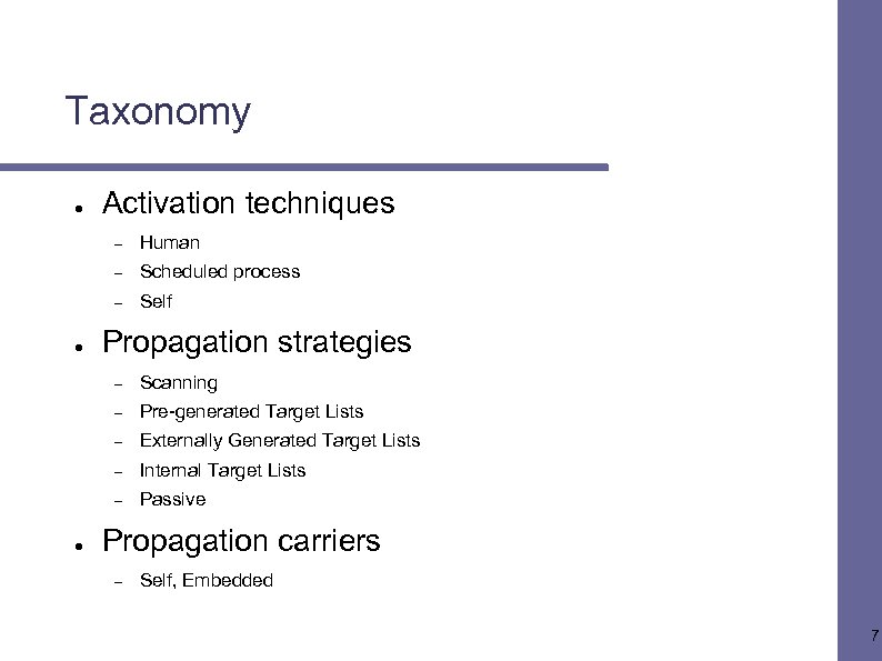Taxonomy ● Activation techniques – – Scheduled process – ● Human Self Propagation strategies