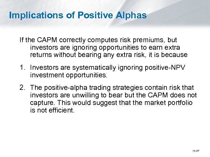 Implications of Positive Alphas If the CAPM correctly computes risk premiums, but investors are