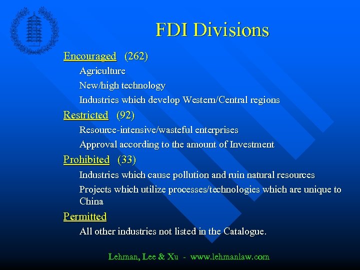  FDI Divisions Encouraged (262) Agriculture New/high technology Industries which develop Western/Central regions Restricted