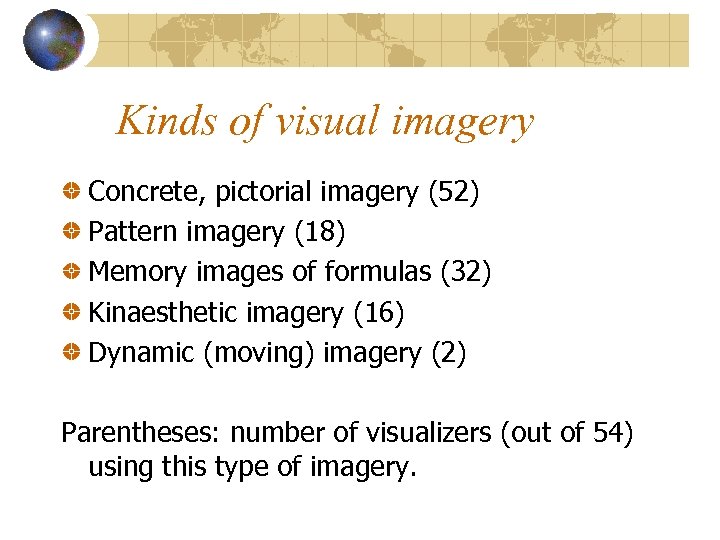 Kinds of visual imagery Concrete, pictorial imagery (52) Pattern imagery (18) Memory images of