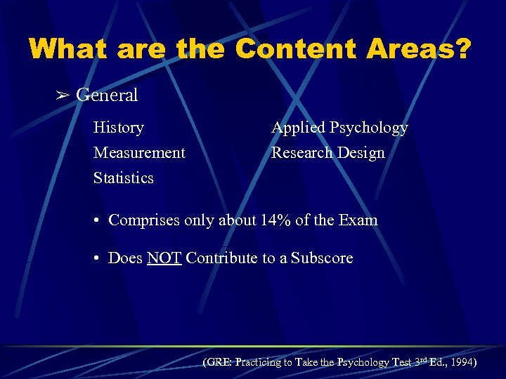 What are the Content Areas? & General History Applied Psychology Measurement Research Design Statistics