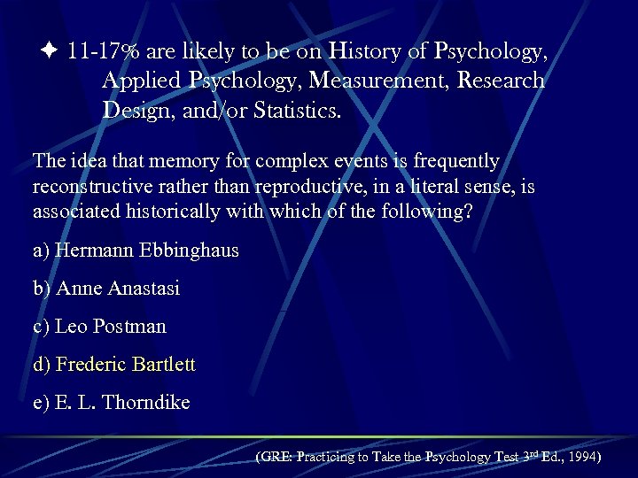  11 -17% are likely to be on History of Psychology, Applied Psychology, Measurement,