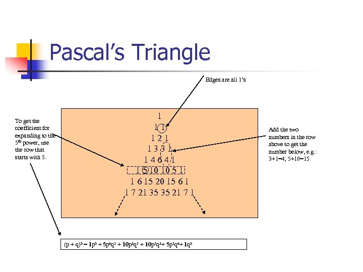 Pascal’s Triangle Edges are all 1’s To get the coefficient for expanding to the