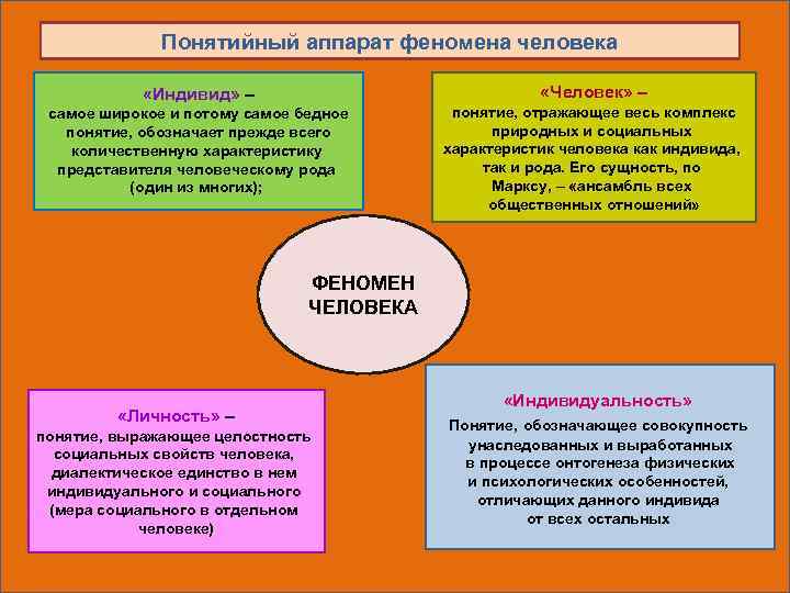 Понятийный аппарат феномена человека «Человек» – «Индивид» – самое широкое и потому самое бедное